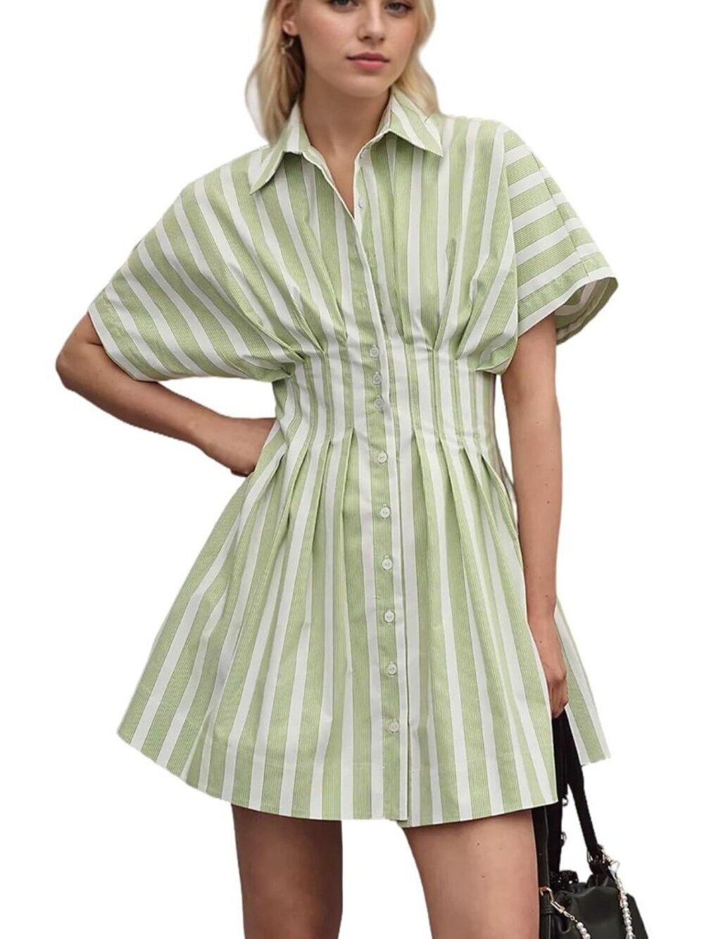 Women's Green Straps Down Pleated Shirt Striped Short Sleeve Casual Mini Dress